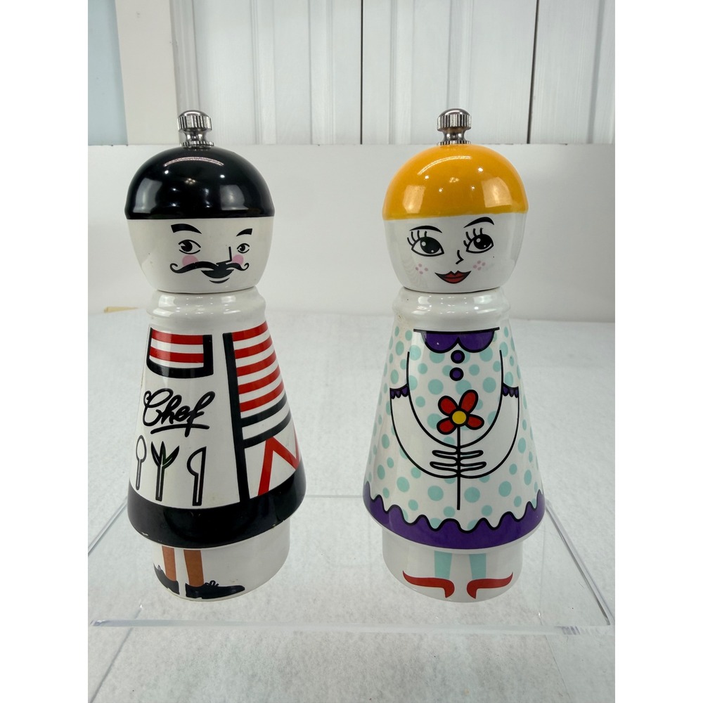 BRANDANI Whimsical French Chef Lady Ceramic Salt & Pepper Mill Grinder Set 7"